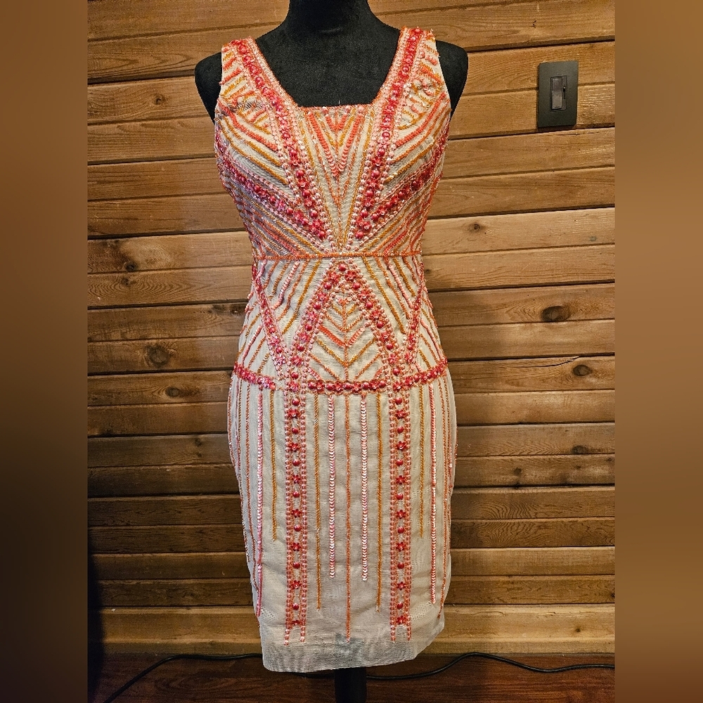 Sequin Beaded Mesh Gianni Bini Mini Dress Size 4 Pink & Nude